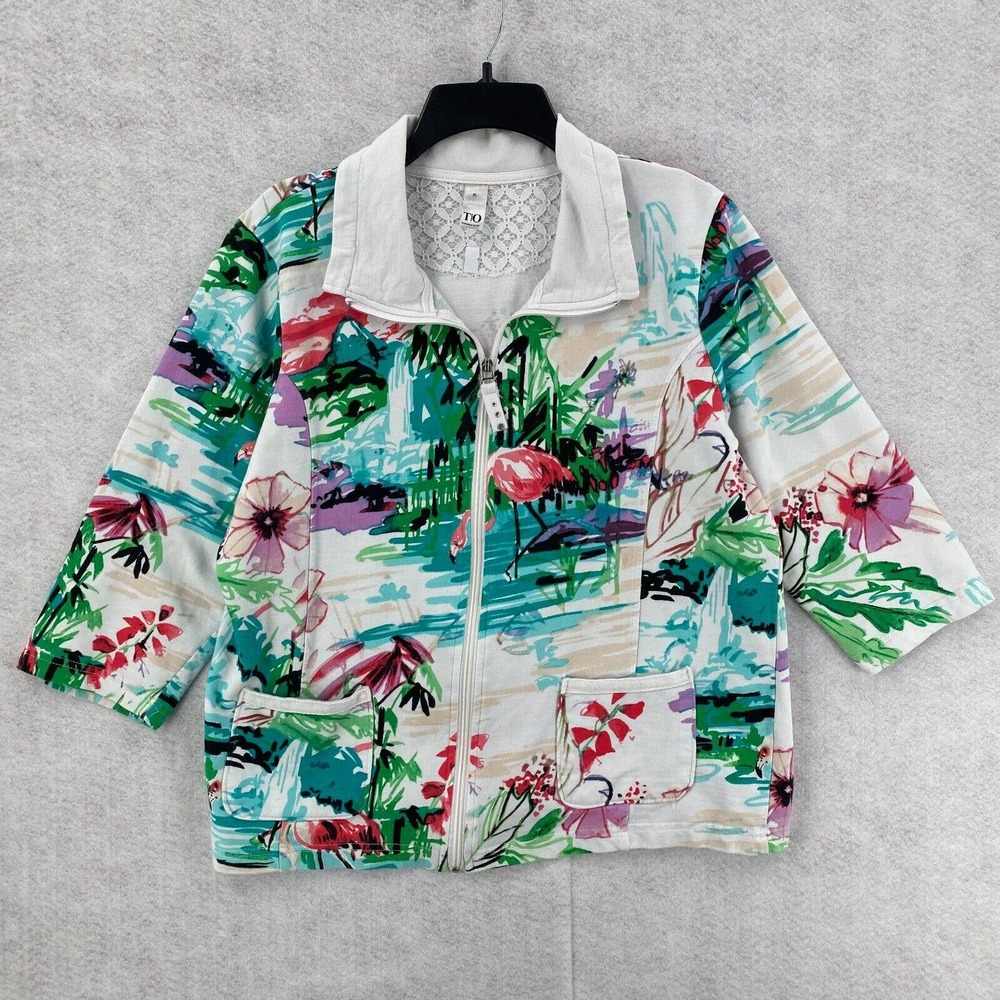 Thomas & Olivia Jacket‎ Womens XL Zip Up Tropical Hawaiian Cardigan 3/4 Sleeve